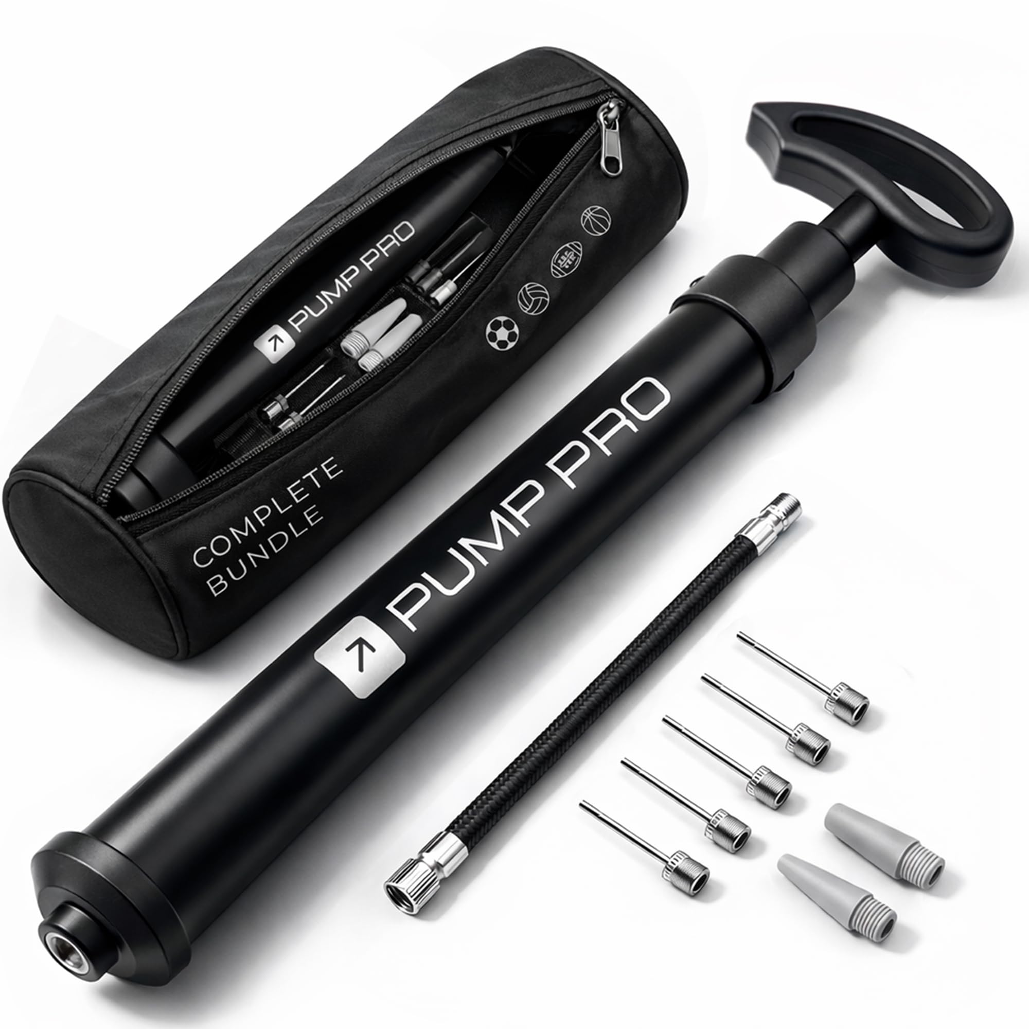 PUMP PRO Ball Pump with Needles, Hose, Adaptors & Bag | Fast Hand Air Pump for Football, Basketball, Rugby, Bike, Balloons, Volleyball, Netball, Soccer & Inflatables | Mini Portable Valve Inflator