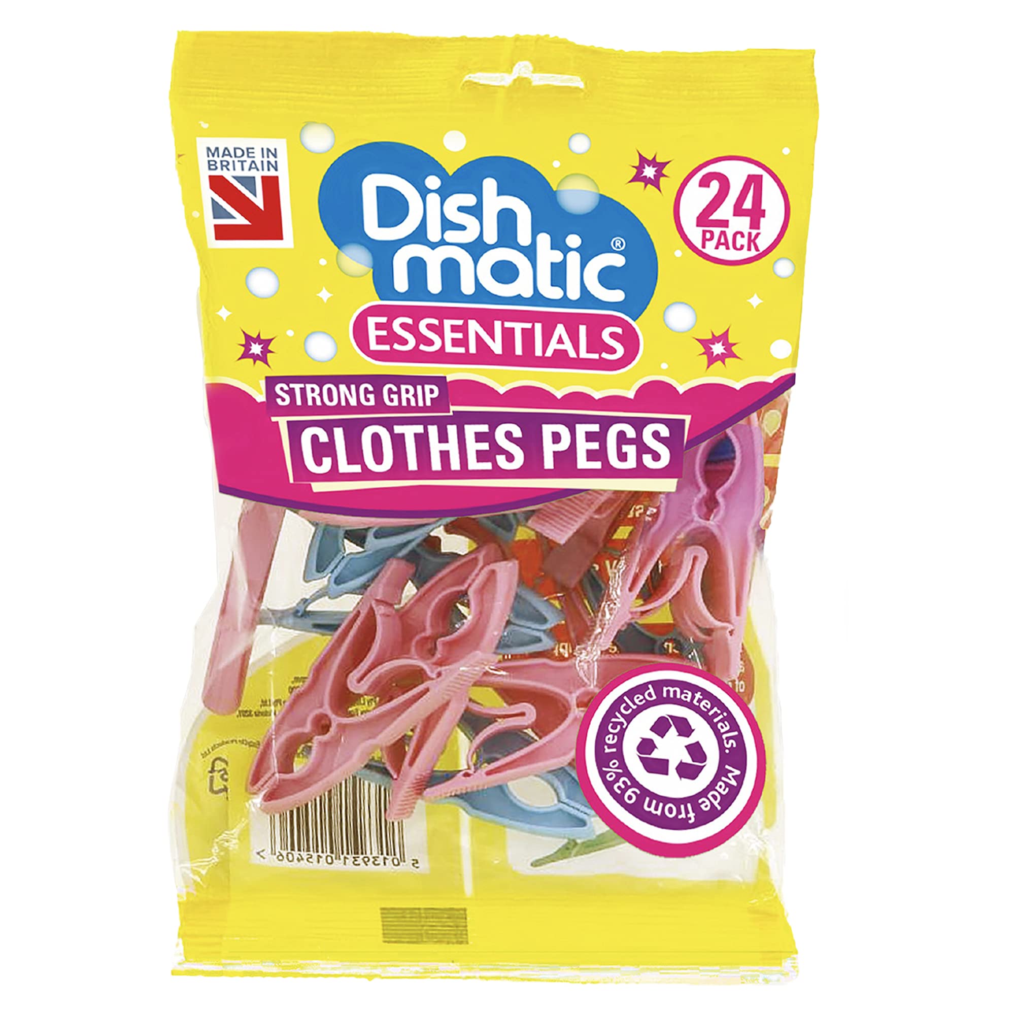 Dishmatic Essentials Clothes Pegs – Weatherproof and Machine Washable – 93% Recycled Plastic – One-Piece, Metal-Free Design – Assorted Pack of 24 Pink & Blue Pegs
