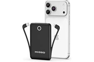 miisso 10000mAh Mini Portable Charger with Built in Cable, Pocket Size Power Bank Travel External Battery Pack for Phone, 3 Output USB Type C Cord Clutch Compatible with iPhone, Samsung, Black
