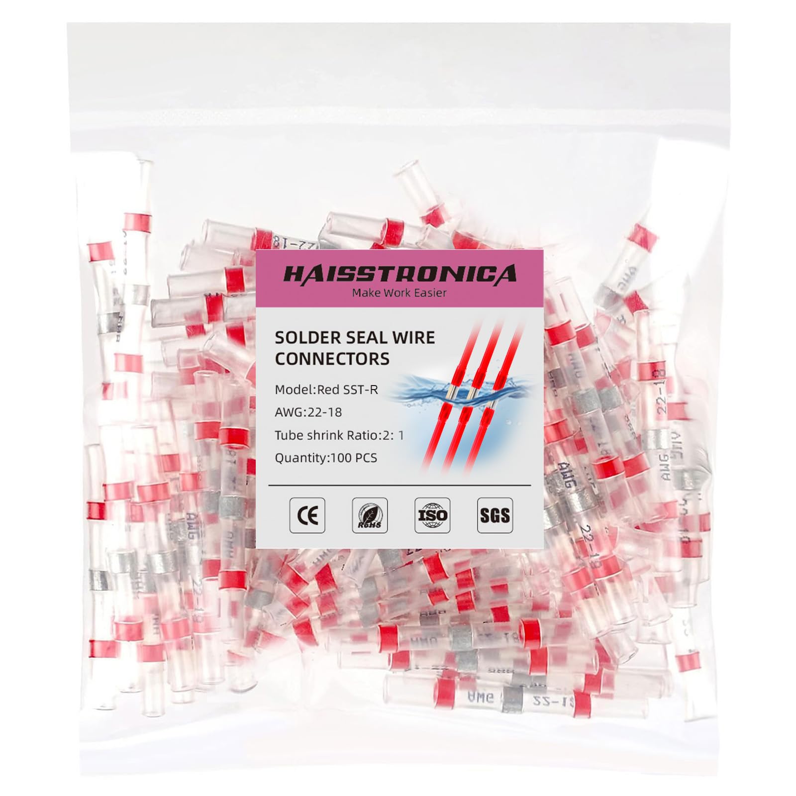 Photo 1 of 100PCS Red Solder Seal Wire Connectors AWG22-18,haisstronica Marine Grade Waterproof Solder Wire Connectors,Heat Shrink Butt Connectors,Insulated Butt Splice Electrical Connectors