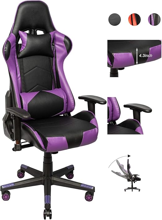 Amazon Com Rolling Gaming Chairs With Headrest And Lumbar Cushion For Long Sitting Pu Leather Adjustable Swivel Desk Chairs Comfortable Pc Racing Executive Ergonomic Back Neck Support Purple Black Kitchen