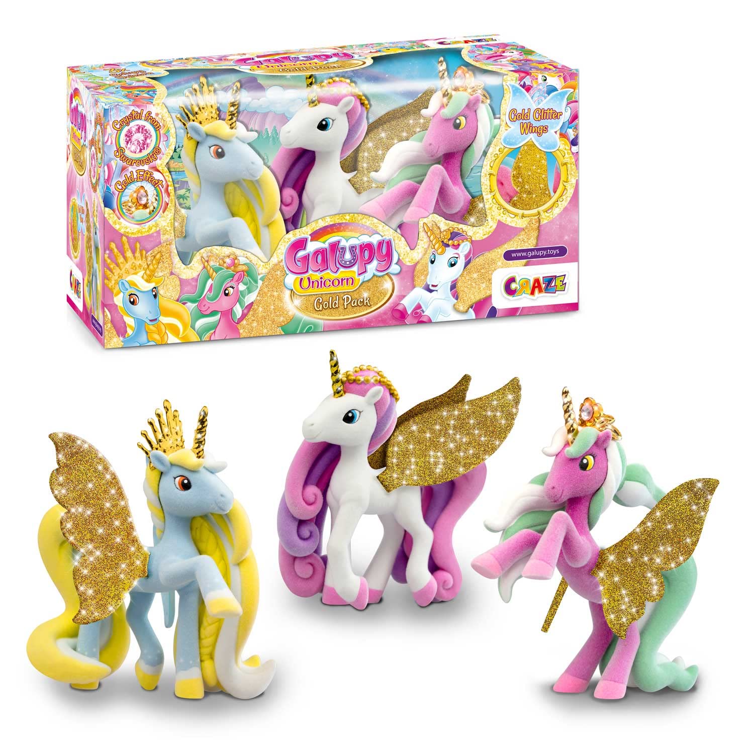 GALUPY Unicorn Gold Edition - 3 x Unicorn Figures with Golden Wings & Crystal from Swarovski - Unicorn Toy