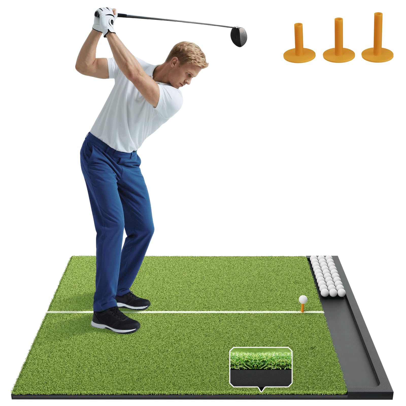 Golfpar Golf Hitting Mat with Built-in Ball Tray & Alignment Line – 26mm Thickness, Indoor Outdoor Golf Practice Mat with EVA Foam Base, Durable Turf, and 3 Rubber Tees for Backyard or Garage
