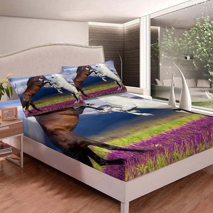 Loussiesd Horse Bedding Set Galloping Horse Printed Fitted Sheet for