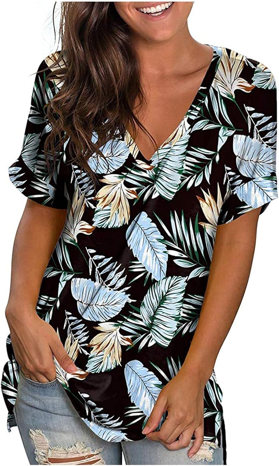 258 Low Cut V Neck Tshirts for Womens Short Slevees Printed Tops Sideways Hem Comfortable Blouse