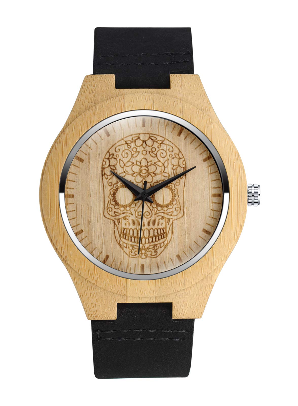 MicLee Men's Women's Wrist Watches, Men's Bamboo Wood Watch, Skull Pattern Wooden Watch, with Leather Band, Natural Wood Quartz Watch, Decorative Casual Watch