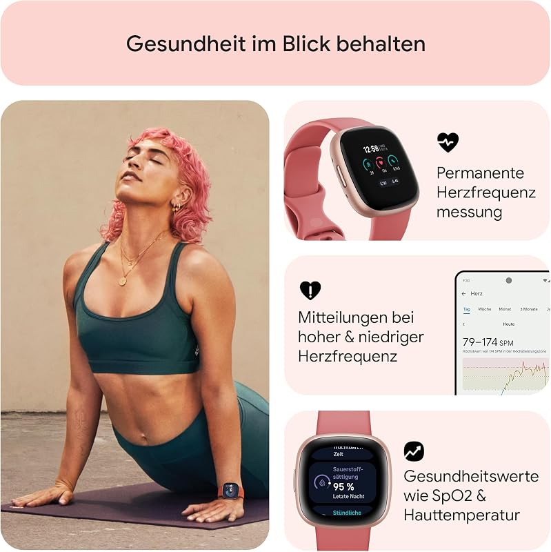 Google Versa 4 Smartwatch Fitness Tracker enthält eine 3 monatige Google Health Premium Mitgliedschaft, 6 Tage Akkulaufzeit – Kompatibel mit Android/iOS, Sandrosa/Aluminium in Kupferrosé