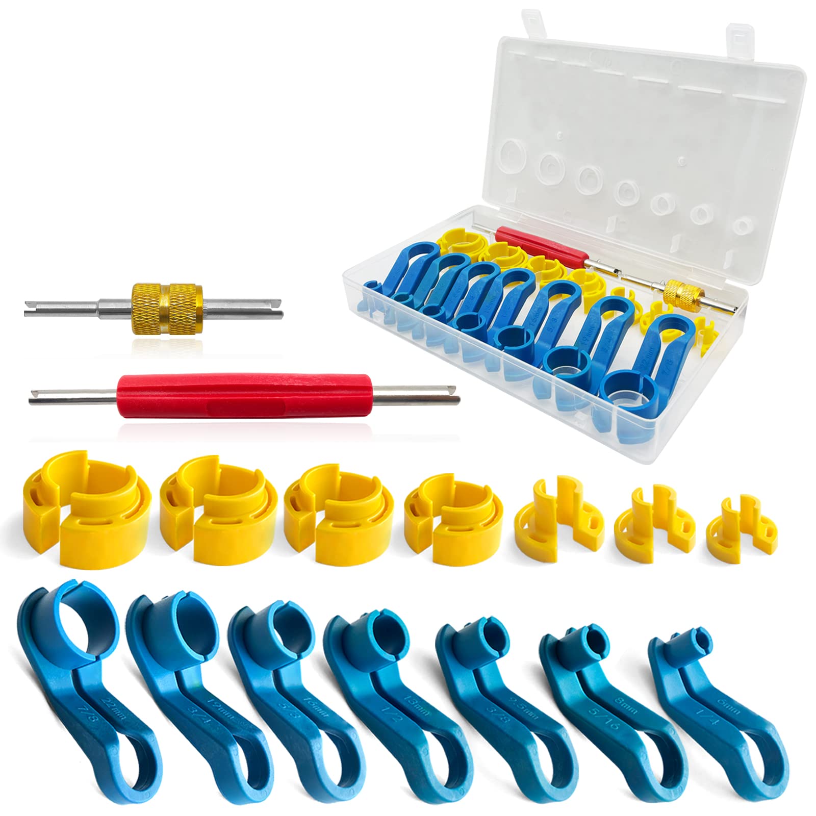 Photo 1 of 16PCS Car AC Fuel Line Disconnect Removal Tool Set with Storage Box, Valve Core Remover Tool Kit for 1/4 5/16 3/8 1/2 5/8 3/4 7/8 Inch Master Quick Disconnect Tool Kit for Auto Repair Tools