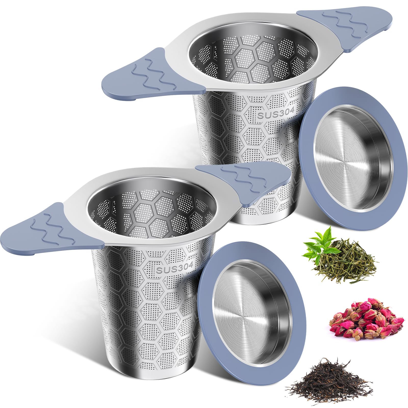 Tea Strainers for Loose Tea,Large Tea Infuser Basket with Heat Proof Double Silicone Handles,Fine Mesh Stainless Steel Tea Strainers & Filters Fits Tea pots & Mugs, Filter Fine Tea Leaves Effec 2 pack