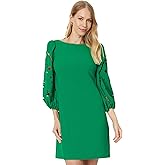 Vince Camuto Womens Signature Crepe Shift Dress with Embroidered Cutout Sleeve Details