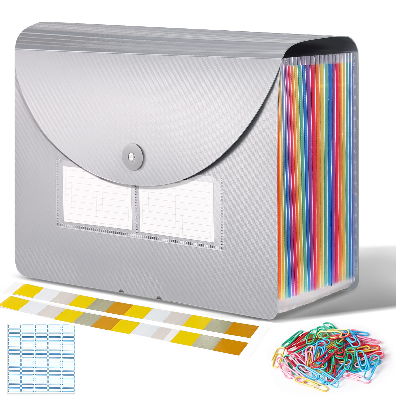 Expanding File Organisers, Document Organiser with 24 Pockets, Portable Accordion Folder File, A4 Filing Folders Plastic Wallets Storage Box with Lid, Labels and Clips