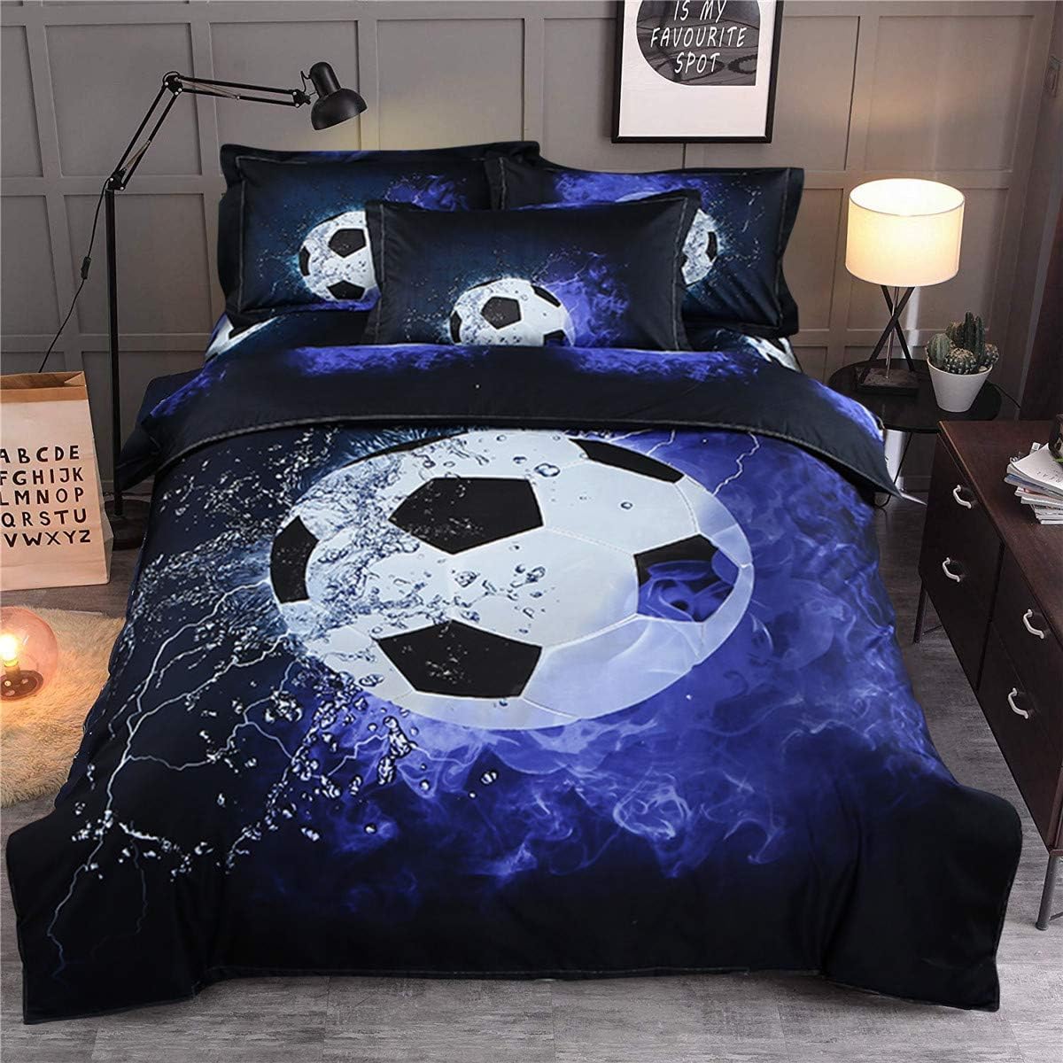 Tabeskly Kids Boys Black White Blue Football Soft Zipper Bed Bedding Duvet Cover Set Single 135ร200cm