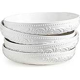 YHOSSEUN Ceramic Pasta Bowls Set of 4, 50 OZ Large Salad Serving Bowl, 9.75" Pasta Plates Shallow Bowl Plate, Microwave Dishwasher Safe, Embossed Morning Glory