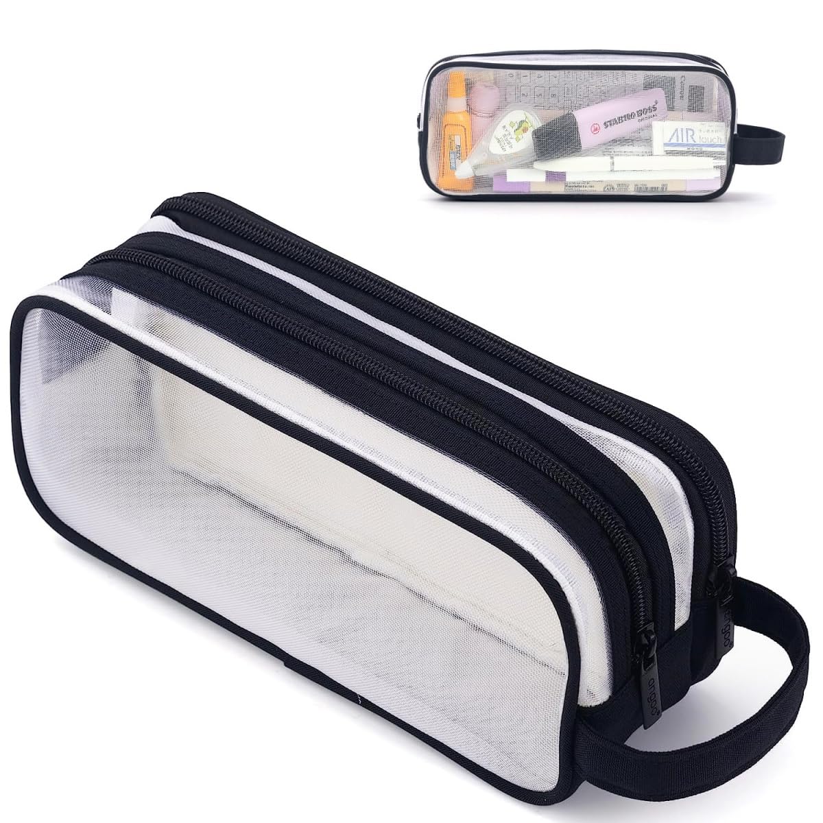 Clear Pencil Case for Exams, Large Capacity Transparent Mesh Pencil Case with 2 Compartments Zipper, Big Pen Pouch Bag Stationery Storage Organizer for School College Home Office Travel (Black)