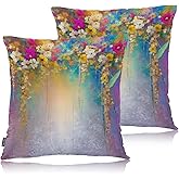 Swono Set of 2 Decorative Throw Pillow Covers Ivy Flowers, Abstract Blossom Floral Farmhouse Pillowcases Accent Pillow Cushion Cover for Couch Sofa Bed Office Armchair 18 X 18 Inch, Rainbow Purple