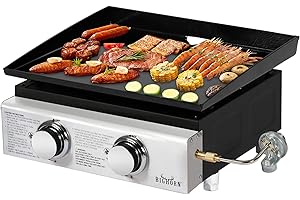 BIG HORN OUTDOORS Tabletop Grill Gas Portable Grill 18 Inch Propane Griddle Flat Top Grill 2 Burners Enamel Pan for Outdoor Cooking While Picnicking Or Camping