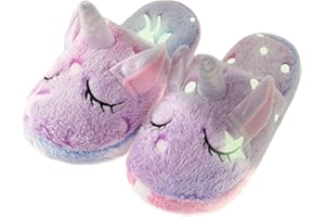 HIBCIGA Kids Fuzzy Slippers for Girls Boys Unicorn Glow in the Dark Plush Fleece Warm Indoor Shoes