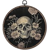 GWFSJYU Gothic Skull Wildflower Framed Wall Art, Dark Academia Decor, Vintage Gothic Halloween Round Canvas Prints Wall Art, Witchy Botanical Hanging Decor for Bathroom Living Room Gallery, 10x10in