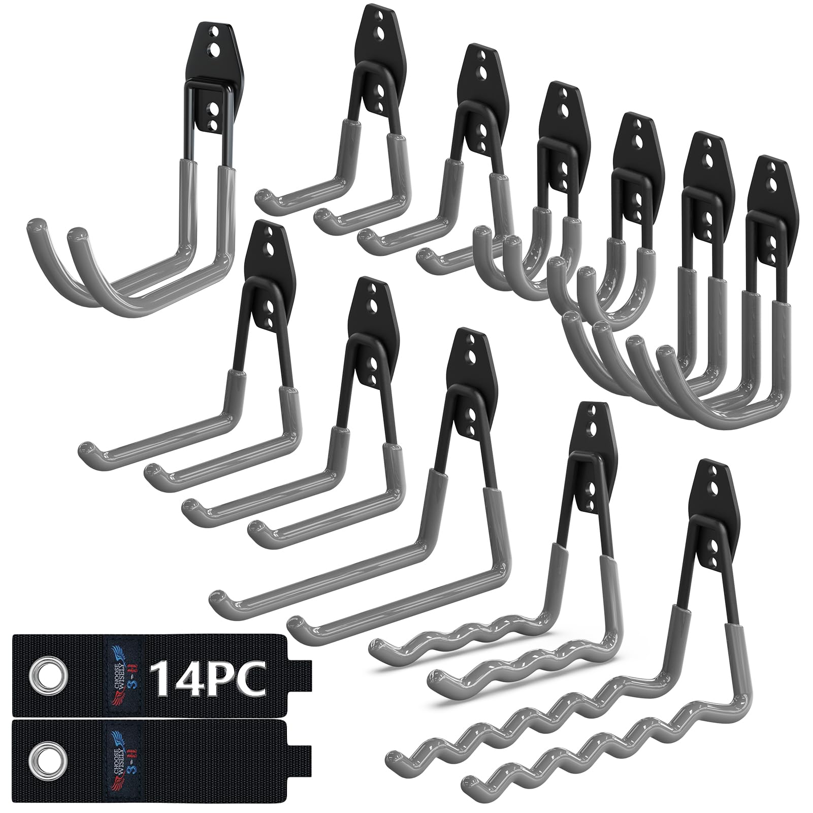 3-H Garage Hooks Heavy Duty 14 Pack, All-Steel Garage Storage Hooks with Anti-Slip Coating, Utility Tool Hangers for Hanging Ladders, Lawn Mower, Hose, Garden Tools (Grey)