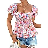 WDIRARA Women's Floral Print Ruffle Blouse Top Sweetheart Neck Short Puff Sleeve Tops