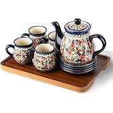 ONECCI polish pottery style porcelain ceramic 10 piece Tea set,7.2oz tea cup and sauce set of 4,28.2oz teapot and wooden serving tray.（ Exotic Daisy）