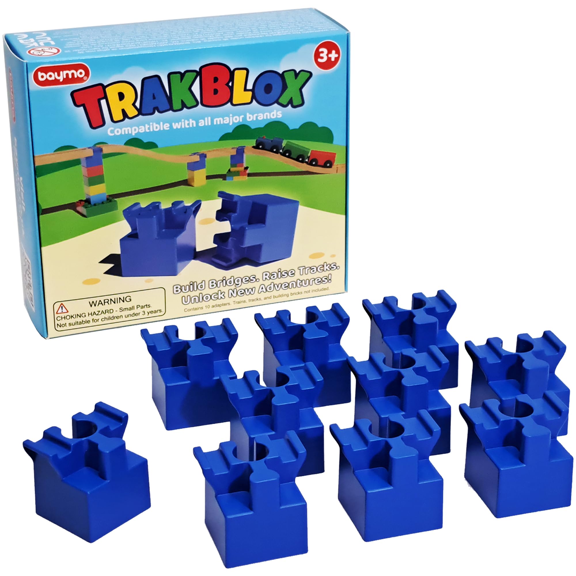 Baymo TrakBlox Adapter Set – Connect Wooden Train Tracks to Compatible Building Bricks – 10-Piece Bridge Builder Kit for Kids Ages 3+