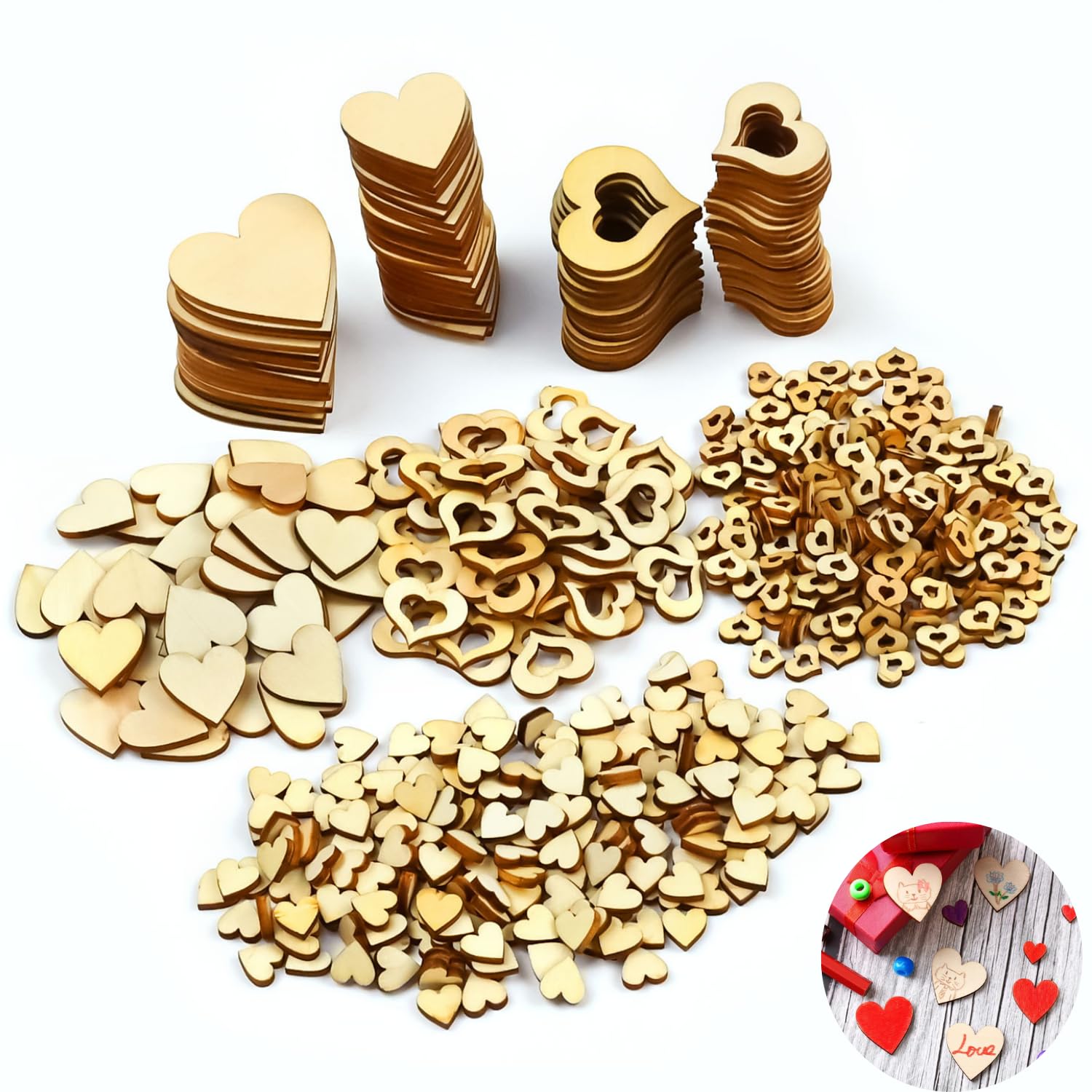 500 Pcs Wooden Hearts for Crafting, Wooden Hearts Confetti Wedding Embellishments Craft Small Wood Heart Shapes Pieces Slice for Decorations