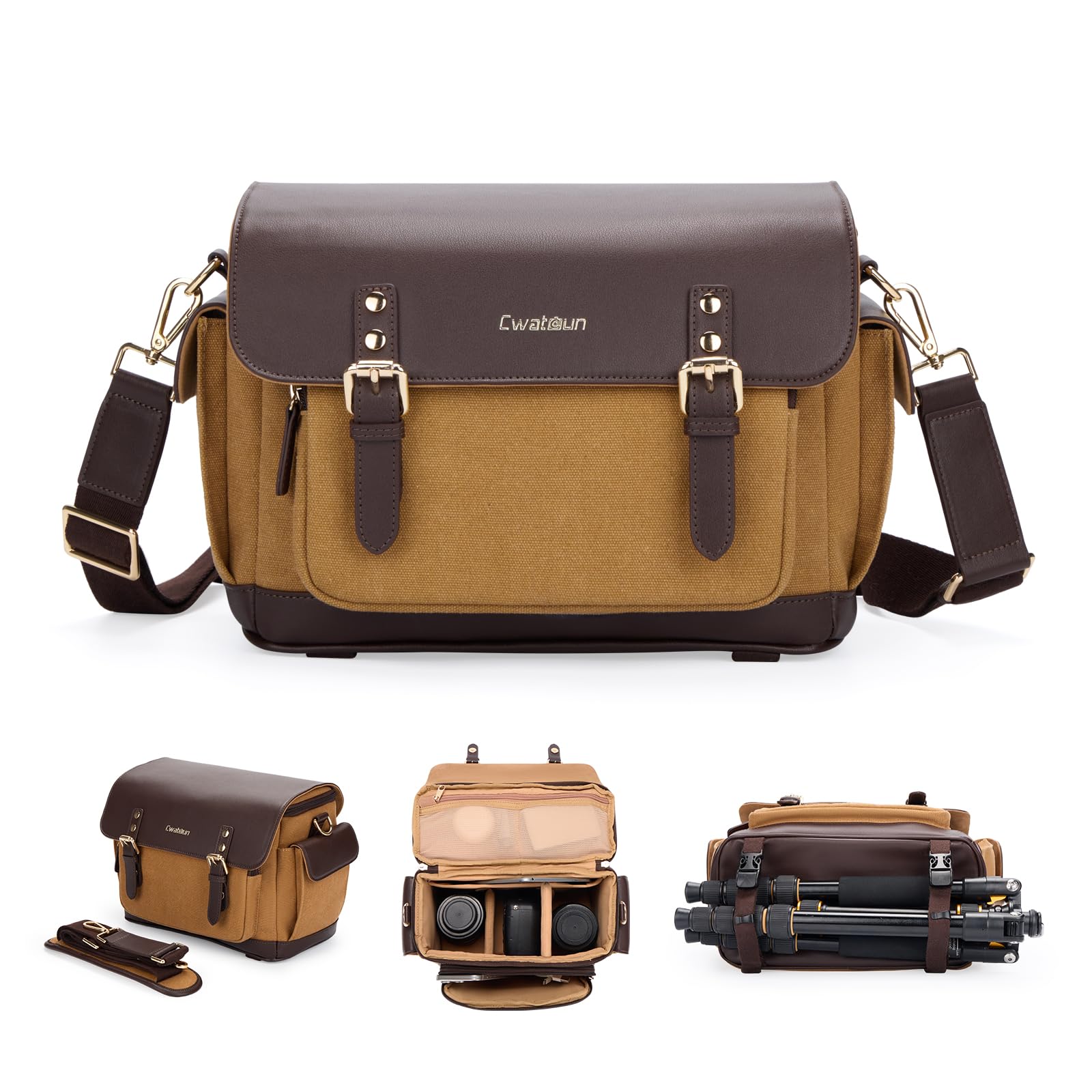 Cwatcun Camera Shoulder Bag, Vintage Leather Flap Camera Crossbody Messenger Bag, DSLR/SLR/Mirrorless Photography Bag with Tripod Holder, Camera Case Compatible with Canon/Nikon/Sony Camera and Lens