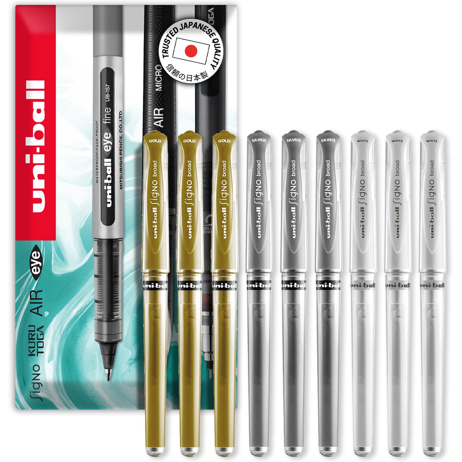 uni-ball Signo Pen - UM-153 Broad Metallic Gel Ink Rollerball - Metal 1.0mm Tip Nib - Rubber Grip - In Envelope Gift Packaging (Pack of 9, Multicolor)