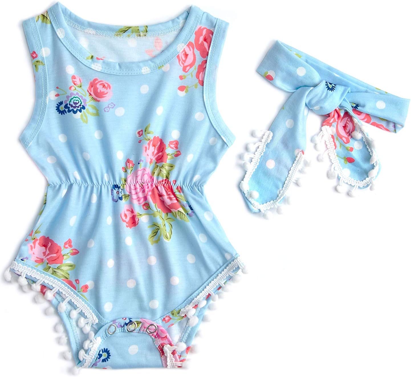 Belovecol Baby Girls Romper Sleeveless Bodysuit Floral Jumpsuit with Tassel Headband 0-18 M