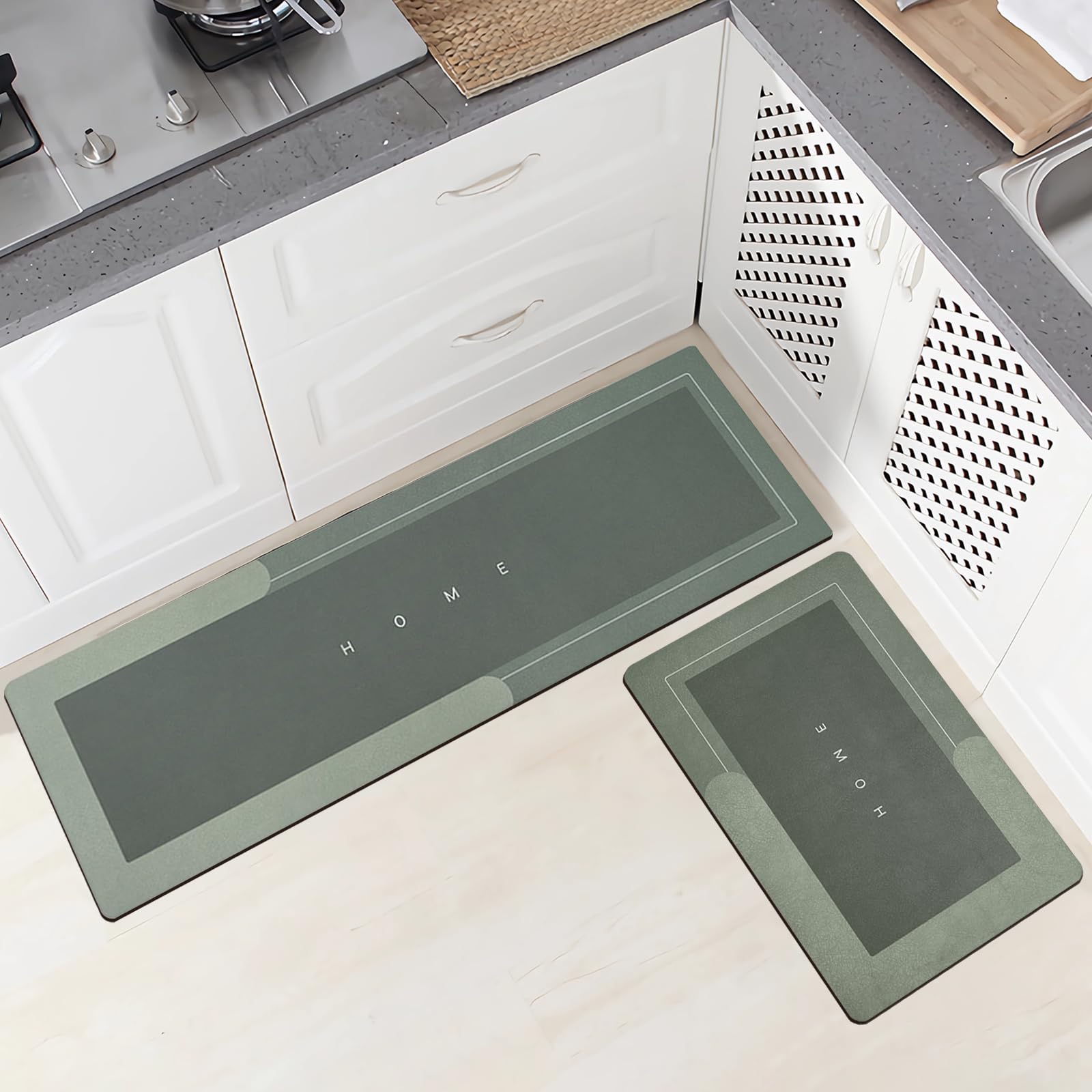 Topzywlc Kitchen Mat Set Non Slip Anti Mould, 2Pcs Quick Dry Magic Home Floor Mat Set, For Bathroom, Bedroom, Kitchen, Toilet, Door, Washing Table (Rectangular Green, 45 * 70cm + 45 * 150cm)