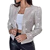 Women's Sequin Shrug Cardigan Open Front Collarless Christmas Glitter Sparkly Blazer Jacket Sliver