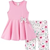 PATPAT Girls Sleeveless Tunic Top with Bow and Floral Biker Short Set 4-12Y | 2 piece summer outfit, soft breathable fabric keeps girls comfortable and allows easy movement for play.