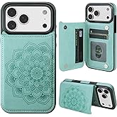 MMHUO for iPhone 17 Pro Max Case with Card Holder,Flower Magnetic Buttons Protective Wallet Case for Women for iPhone 17 Pro Max (6.9 Inch),Mint