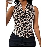 SOLY HUX Women's Leopard Print Tops Sleeveless V Neck Wrap Tie Back Blouse Top