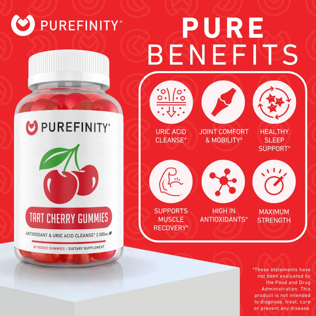 PUREFINITY Tart Cherry Gummies Raw Vegan Cherry Extract Gummy for Advanced Uric Acid Cleanse, Powerful Antioxidant with Joint Support - 60 Gummies