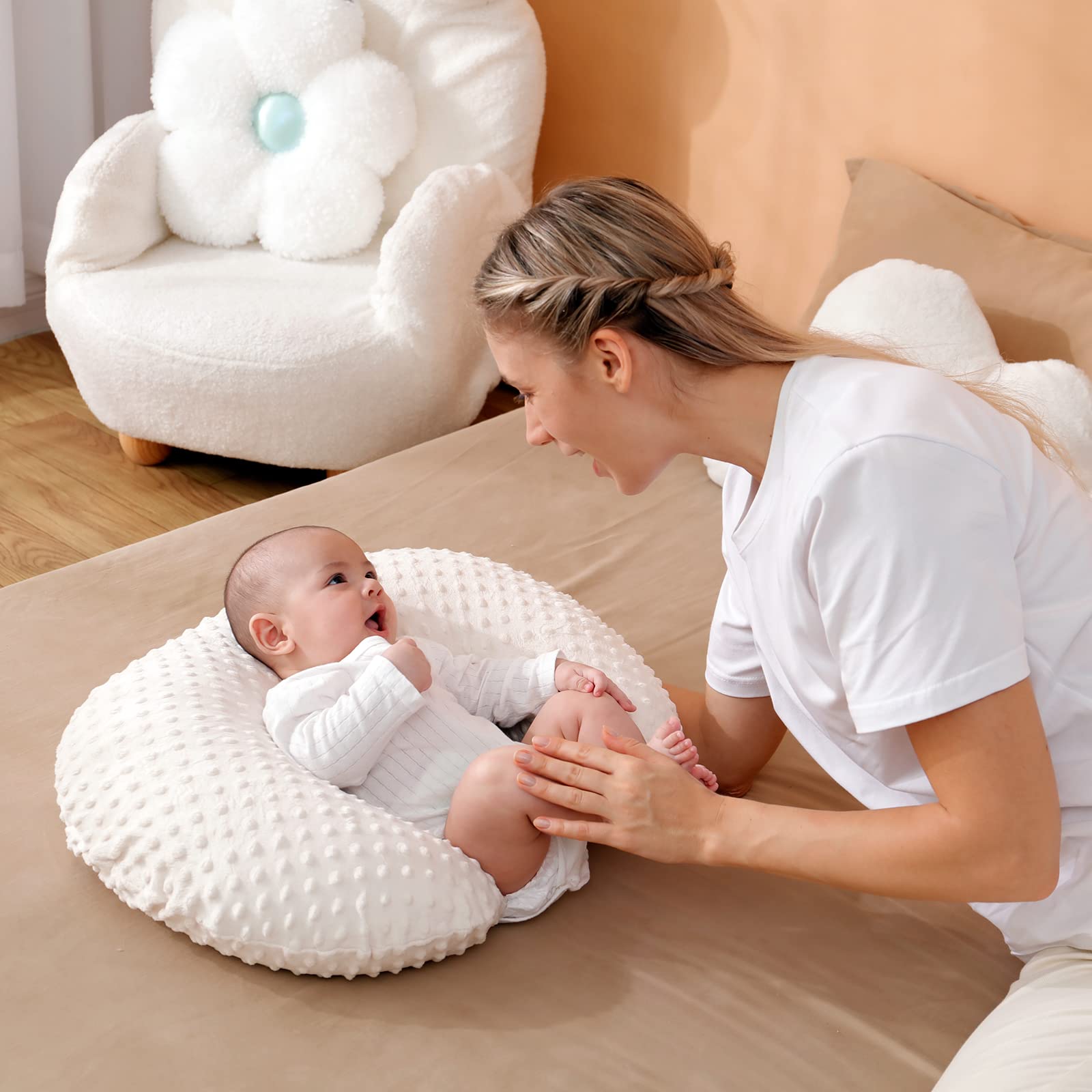 Nursing Pillow and Positioner with Cover for Breastfeeding and Bottle Feeding, Propping Baby, Tummy Time, Baby Sitting Support, Awake-Time Support (Beige, 22