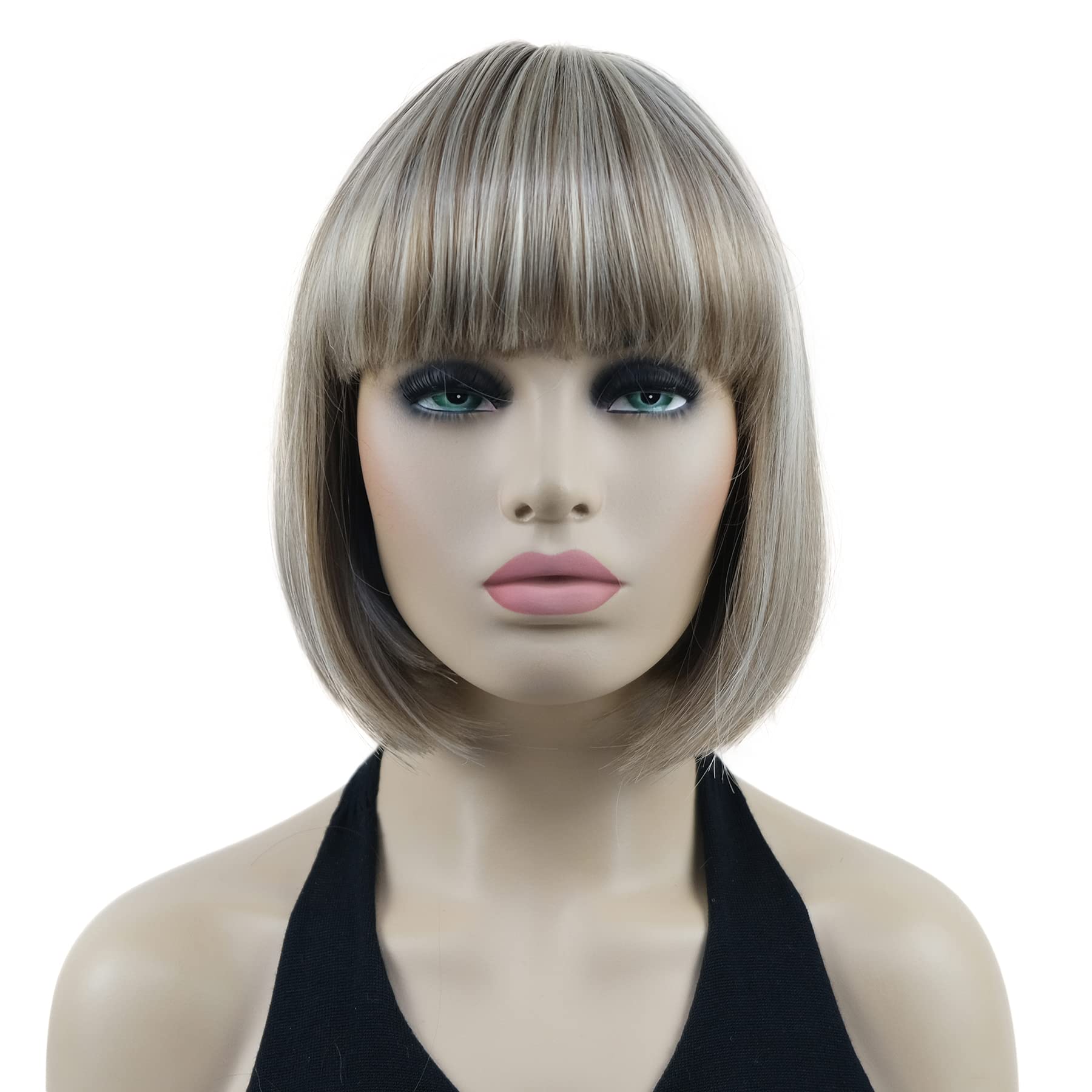 Lydell 8" Straight Short Bob Hair Flat Bangs Cute Central Dot Skin Top Heat Resistant Synthetic Wigs (H16/613 Blonde Highlight)
