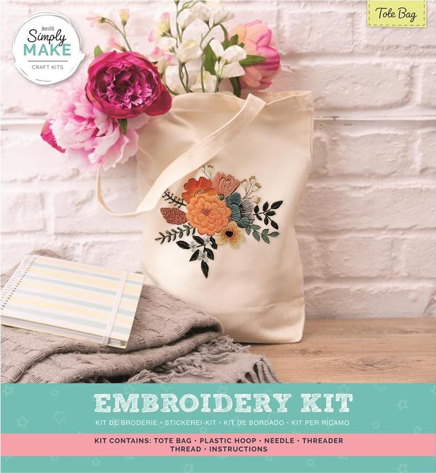 Simply Make Embroidery Tote Bag Craft Kit - White, Ideal Craft Accessories for Adults and Teenagers, Makes A Perfect Present, Hand Sewing Stitch Craft with Needle and Threads