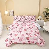 QOOMO Pink Axolotl Soft Lightweight Bed Comforter Set Kawaii Strawberry Kids Bedding Set Cute Sea Creature 3D Quilt Set Bedroom Decoration Queen Size 1 Comforter Set 2 Pillowcases