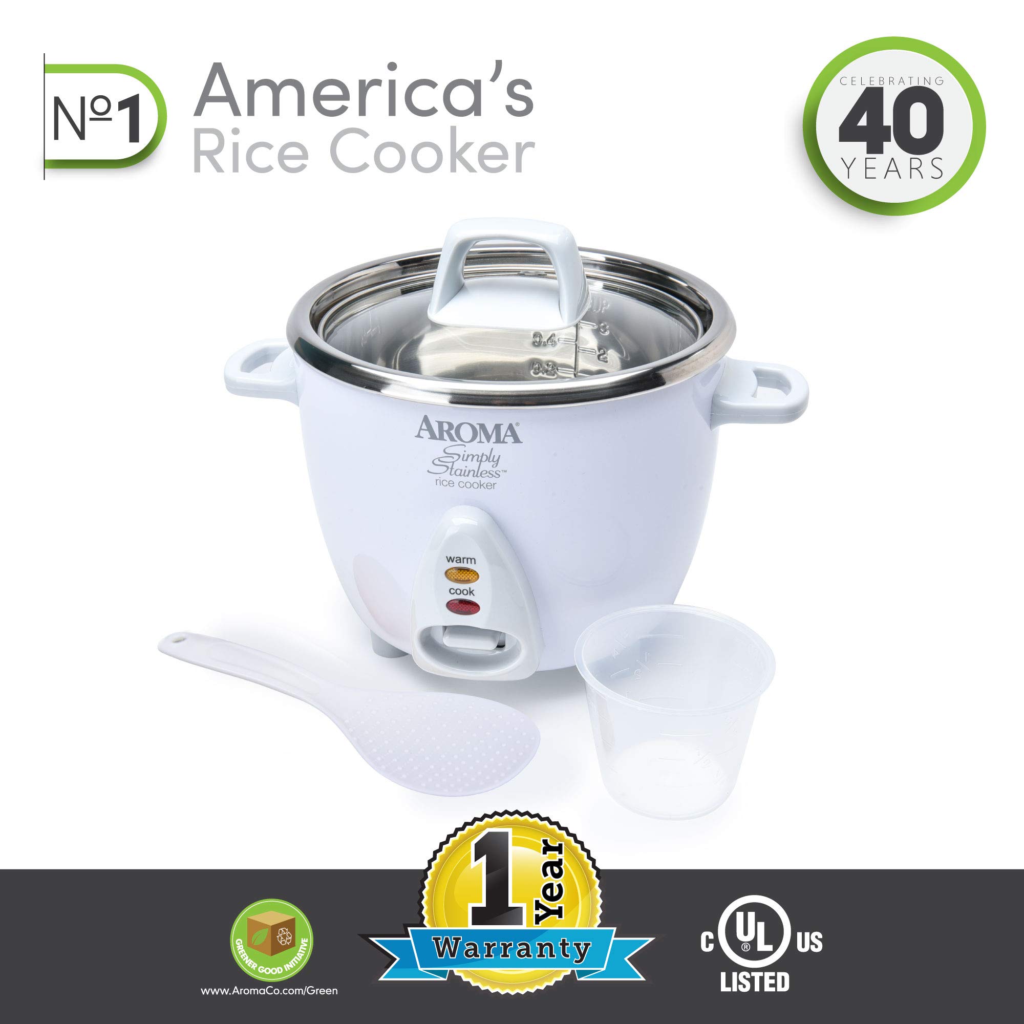 Aroma Simply Stainless Rice Cooker, White [Cooks 3 cups of uncooked