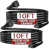 Skrizcable 16/3 Short Extension Cord 10FT 2Pc, Black Extension Cord Indoor | Black 10FT 2Pack 3 Prong Power Cable, Suitable for Home and Office, 13 Amp 1625 Watt 125VAC 16AWG, ETL Listed