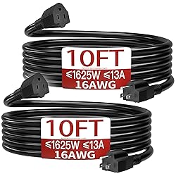 16/3 Short Extension Cord 10 FT 2 Pack, Black