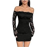Milumia Women's Lace Long Sleeve Mini Dress Sexy Off The Shoulder Bodycon Birthday Party Going Out Dresses