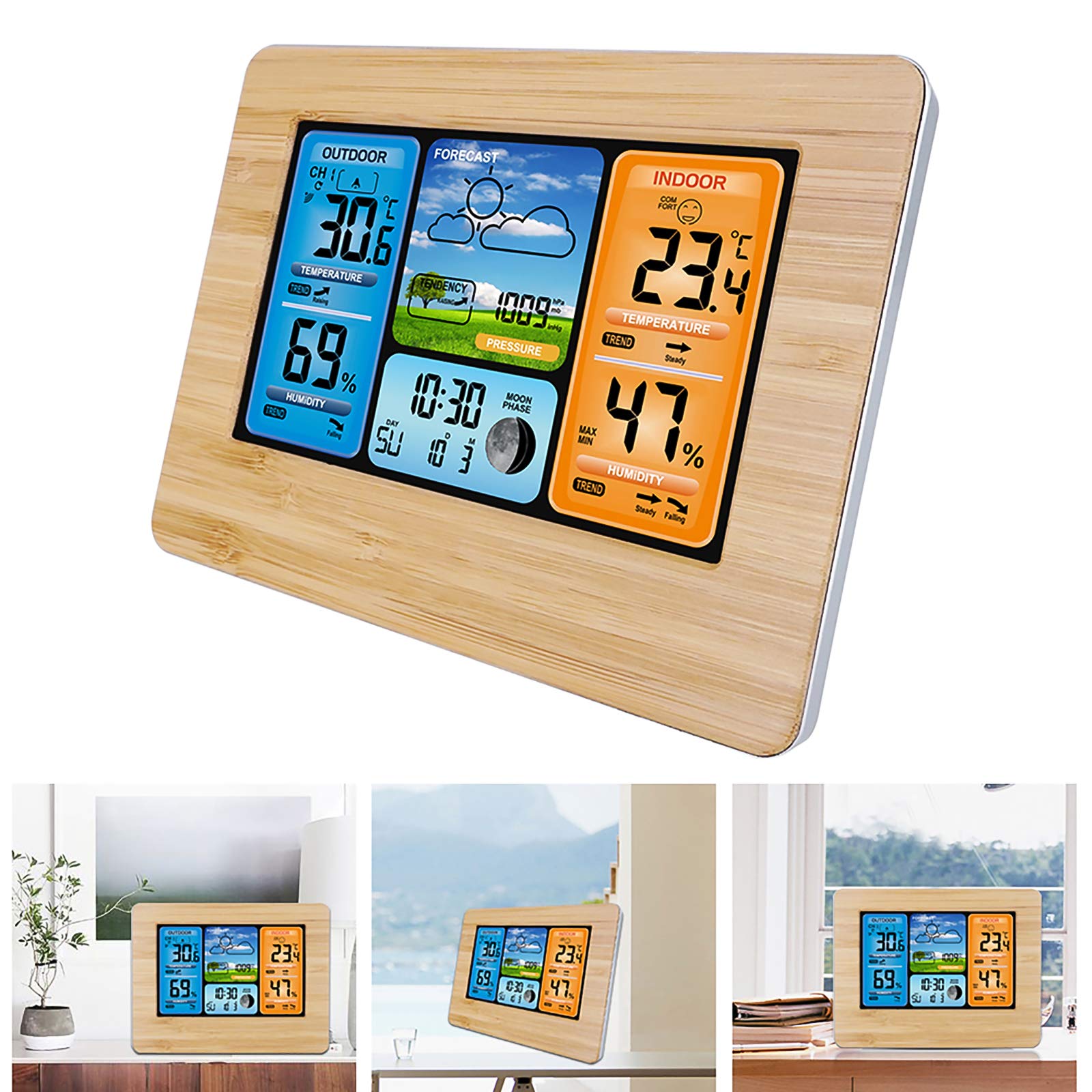 ALLOMN Weather Stations Wireless with Indoor Outdoor Sensor, LCD Digital Weather Station with Alert/Temperature/Humidity/Barometric/Forecast/Moon Phase/Alarm Clock for Home Office Garden (RF Yellow)