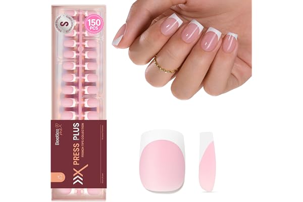 Beetles French Tips Press On Nails - Short Square 150 Pcs | 15 Sizes Pink Fake Nail Tips, Salon Quality Value at Home, Acrylic False Nails Art DIY Gifts For Women