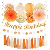 Orange-Peach Beige First Happy-Birthday Party-Decorations - 31pcs 20th Women Girls Bohemian Groovy Paper Lanterns Streamers Banner,Tissue Pom Poms Decor,Fall Boho Fans Tassels Graland Backdrop Hugmoon