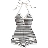 Verdusa Women's Striped Halter Romper Casual Summer Sexy Romper Short Date Night Outfits
