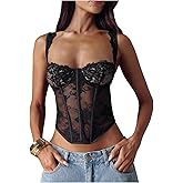 MakeMeChic Women's Floral Lace Sheer Bustier Spaghetti Strap Going Out Crop Tops
