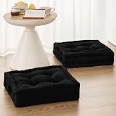 Wellsin Square Floor Pillows for Adults Kids - Meditation Floor Pillow Seating Cushion - Tufted Floor Cushion with Shredded Foam &amp; Velvet Cover, 2 Pack, 20x20 Inch, Black